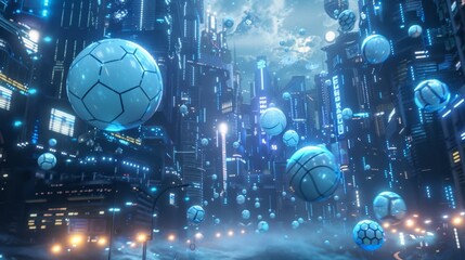 Wall Mural - Futuristic Cityscape with Floating Soccer Balls - Generative AI