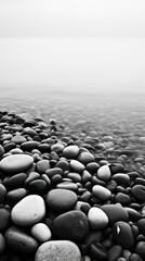 Canvas Print - Photography of ocean with beach and stones monochrome pebble tranquility.