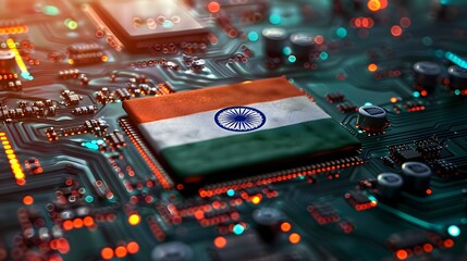India Flag on Computer Semiconductor Technology Digital Landscape