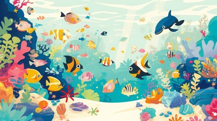 Cartoon underwater scene with tropical fish and coral reef