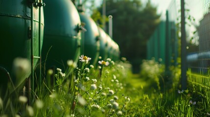 A row of green gas tanks are surrounded by flowers. Generate AI image
