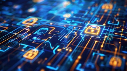 A blue and orange circuit board with a blue lock on it. Generate AI image