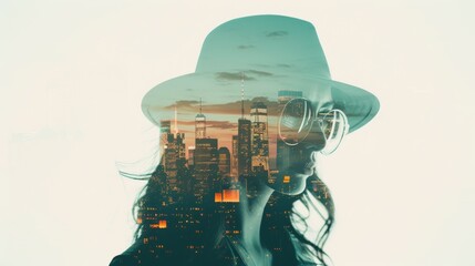 Wall Mural - a model wearing oversized sunglasses and a statement hat, blending classic and modern elements with focus on, accessory highlight theme, ethereal, Double exposure