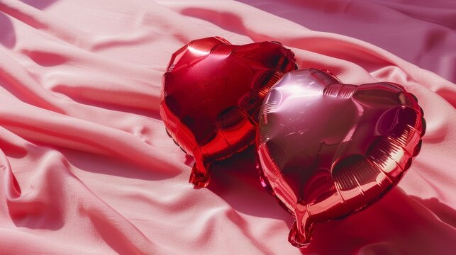 Two Red Heart Balloons on Pink Silk Fabric, Generative AI