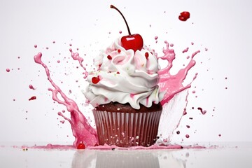 Poster - Cupcake falling vertically with splash dessert cream fruit