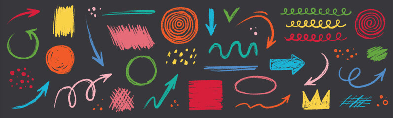 Aufkleber - Arrow abstract brush line stroke color vector set. Kid color paint square, spiral, arrow element shape scribble line brush hand drawn sketch design. Grunge abstract chalk, crayon pencil style. Vector