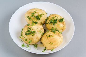 Wall Mural - Boiled young potatoes with dill on dish on gray background