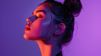 Poster - A woman with a purple background and a pinkish glow on her face. Generate AI image