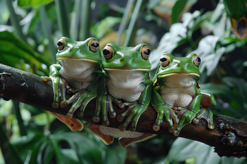 Canvas Print - A group of green tree frogs sit on a branch, surrounded by lush trees and flowers