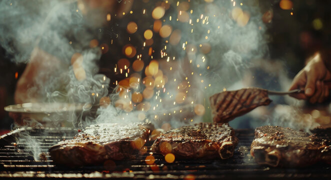 A man is cooking meat on a grill with smoke and ash by AI generated image
