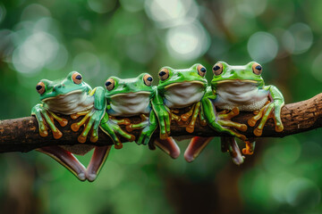 Wall Mural - A group of green tree frogs sit on a branch, surrounded by lush trees and flowers
