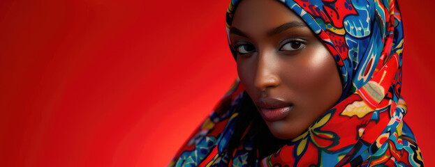 Wall Mural - A hijabi girl wearing a colorful scarf in front of a red background