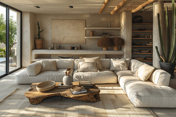 Wall Mural - Serene Malibu Beach House with Driftwood Coffee Table Showcasing Minimalist Aesthetic and Thoughtful Design Choices for Tranquil and Clutter-Free Living