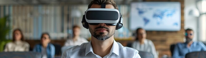 Poster - Business Leader Using VR Headset for Global Networking and Digital Communication