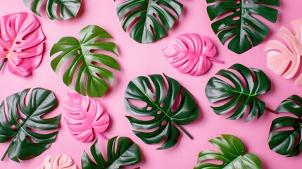 Sticker - Colorful Monstera Leaves on Pink Background  Tropical Summer Vibes