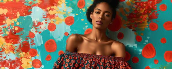 Wall Mural - A model in an off-shoulder dress poses against a background with polka dots and turquoise and red colors.