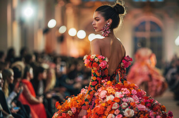Poster - A model walks the runway in an elaborate dress made of orange and pink roses, wearing earrings with bright red stone accents