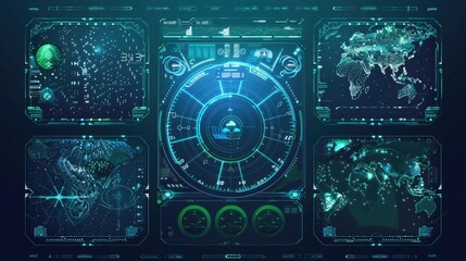 Futuristic digital interface with global data visualization, high-tech elements, holographic displays, and advanced analytics on a dark background.