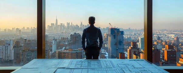 Wall Mural - Architect Reviewing Architectural Blueprints with Cityscape View in Background