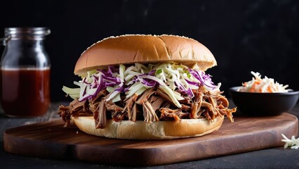Wall Mural - Aesthetic Barbecue Sandwich with Slaw and Fresh Bun - A Savorous Gastronomic Delight