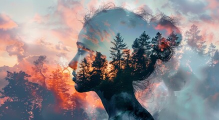 A woman's face is shown in a forest with trees and the sun in the background by AI generated image