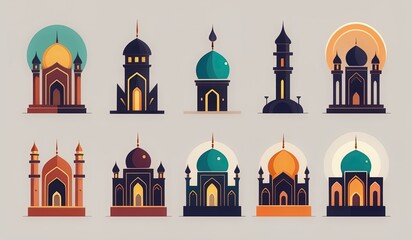 Wall Mural - set of icons of church. illustration of a set of symbols. burning candles in the temple. candles in the church of the holy sepulchre. set of icons of landmarks. mosque vector. calligraphy of mosque