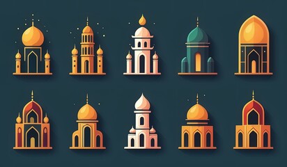 Wall Mural - set of icons of church. illustration of a set of symbols. burning candles in the temple. candles in the church of the holy sepulchre. set of icons of landmarks. mosque vector. calligraphy of mosque