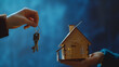 © Generative AI - Closeup of hand holding keys and wooden house model against blue background : Generative AI