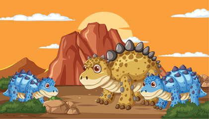 Sticker - Three dinosaurs in a rocky terrain