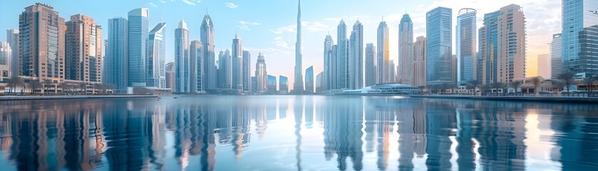 Wall Mural - Serene Reflection of a Towering Cityscape in a Tranquil Body of Water