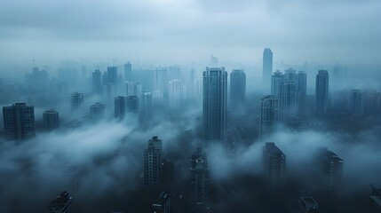 Wall Mural - Towering City Skyline Shrouded in Misty Haze Evoking Mysterious Allure
