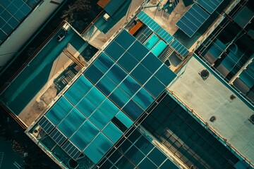 Wall Mural - blue solar panels on industrial building generate green power for sustainable energy concept