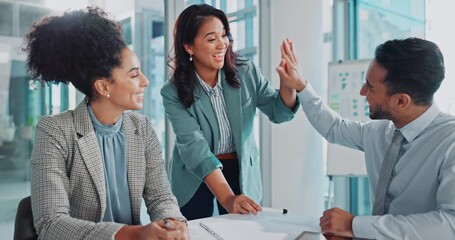 Wall Mural - business people, coach and presentation with high five for documents, meeting or collaboration at of