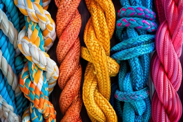 Wall Mural - Close up  background or wallpaper of many colorful hemp ropes are tied up together isolated on black background.