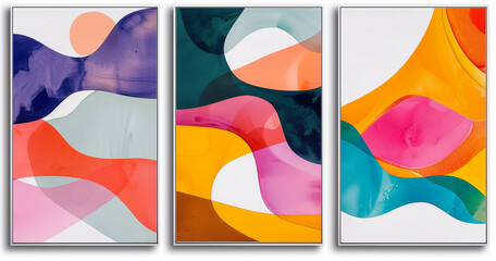 Set of three posters with geometric abstract art of yellow, blue, pink, teal, purple and cyan abstract shapes. Decorative framed wall art for copy space. 