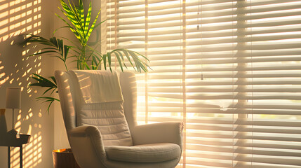 Wall Mural - Soft armchair and houseplant near large window with blinds in spacious room Interior design : Generative AI