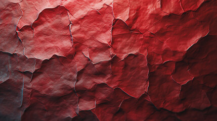 Abstract crumpled and creased recycle brown paper texture background on a red backdrop.