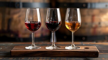 Three Distinctive Wine Varieties Presented on a Tasting Board for an Elegant Wine Tasting Experience