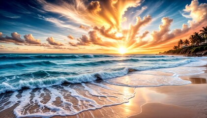 Serene Beach Sunset with Crashing Waves and Vibrant Sky