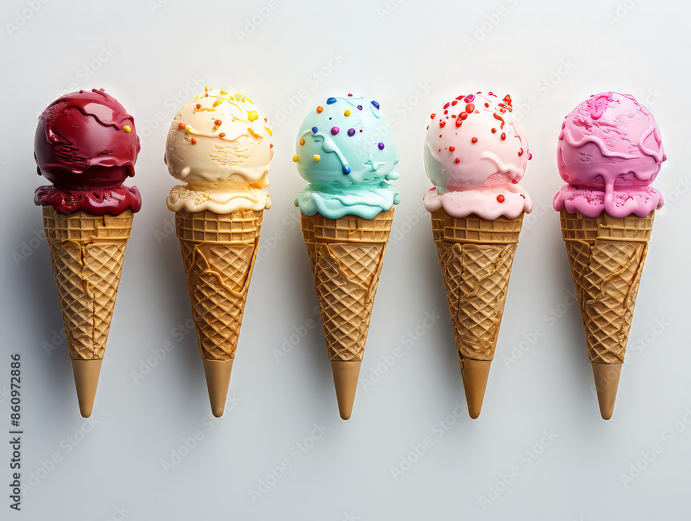 Gorgious Ice cream cone set with four realistic colorful ice cream wafers of different taste