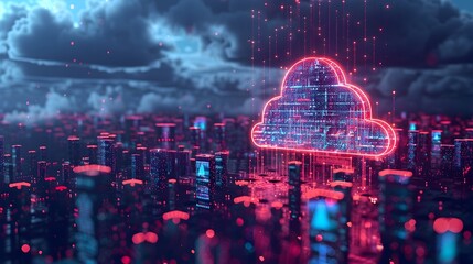 Wall Mural - Edge Computing Data Processing with Cloud Neon Backdrop