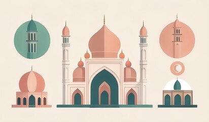 Wall Mural - Mosque a illustration, set of icons for design mosque, mosque Islamic Ramadhan, elements mosque muslim, illustration of an mosque. minaret design. church tower vector