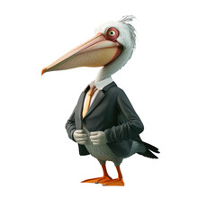 animal crossing of anthropomorphic Pelican as businessman, full body, standing on 2 legs, 3d character cartoon