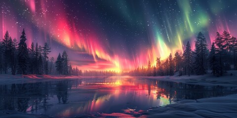 Poster - Northern Lights Dance Over Frozen Lake