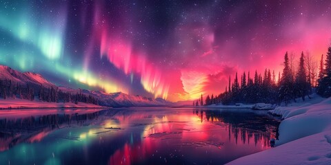 Poster - Aurora Borealis Reflecting on a Frozen Lake