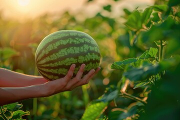 Wall Mural - watermelon on hand farmer on harvest time 