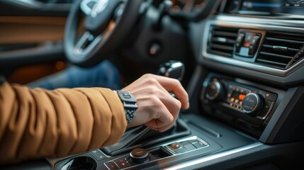 Wall Mural - A person is driving a car with a steering wheel. The person is wearing a black jacket and has a hand on the steering wheel. Concept of control and responsibility