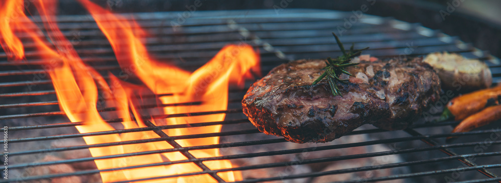 Banner BBQ Barbecue grilled meat stick on fire flame hot charcoal ...