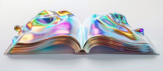 A book with a rainbow cover is open to a page with a person on it