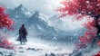 © DARIKA - Samurai standing in a snow-covered landscape, with cherry blossoms gently falling, symbolizing resilience and grace. Illustration, Minimalism,